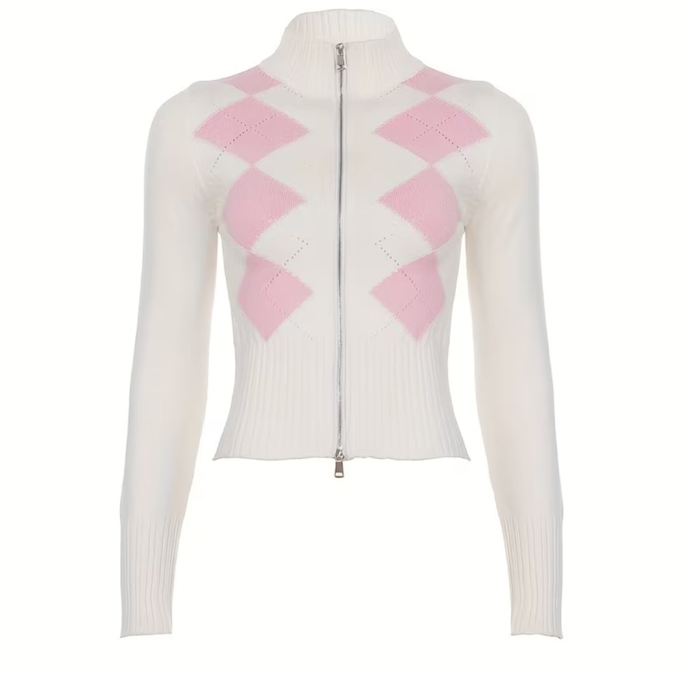 White and Pastel Pink Argyle Zip-Up Sweater Long sleeve soft girl coquette - Picture 4 of 11
